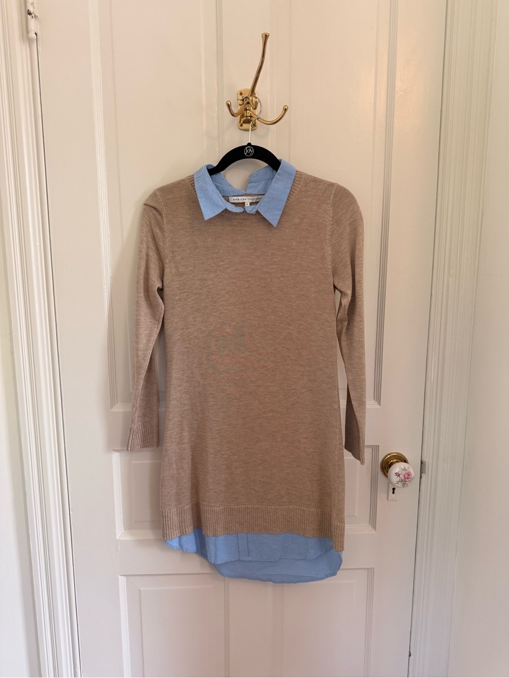 English Factory Crewneck Sweater Dress with built in Light Blue Shirt Hem